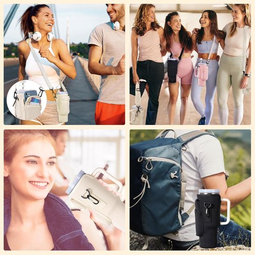 UKRIS Sport Water Bottle Bag with Adjsutable Strap Bottle Pouch Holder Sleeve for Stanley 40oz Tumbler with Handle for Men/Women Walking Hiking Camping Gym Pink