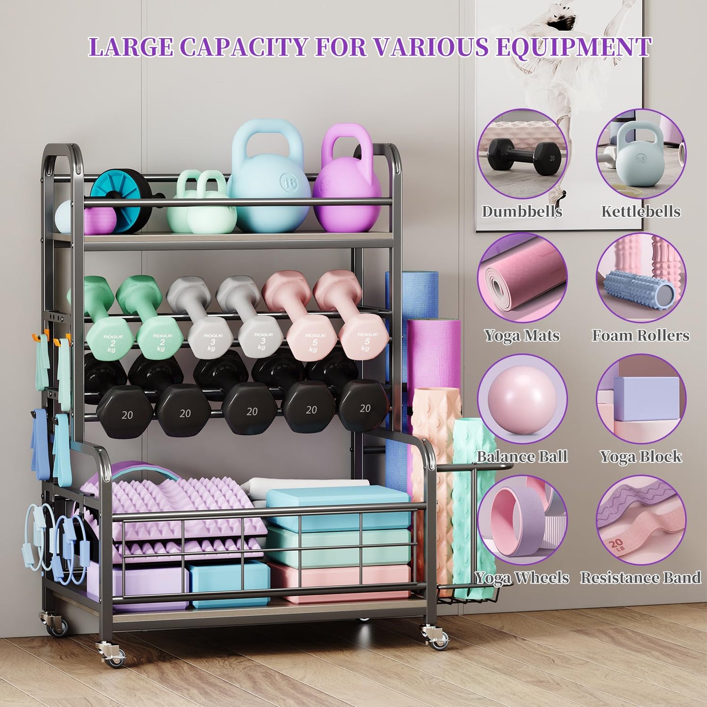 Homeiju Dumbbell Rack,Weight Rack for Home Gym, Home Gym Storage for Dumbbells Kettlebells Yoga Mat and Strength Training Equipment,Weight Storage Rack for Dumbbells with Wheels&Hooks(Grey)