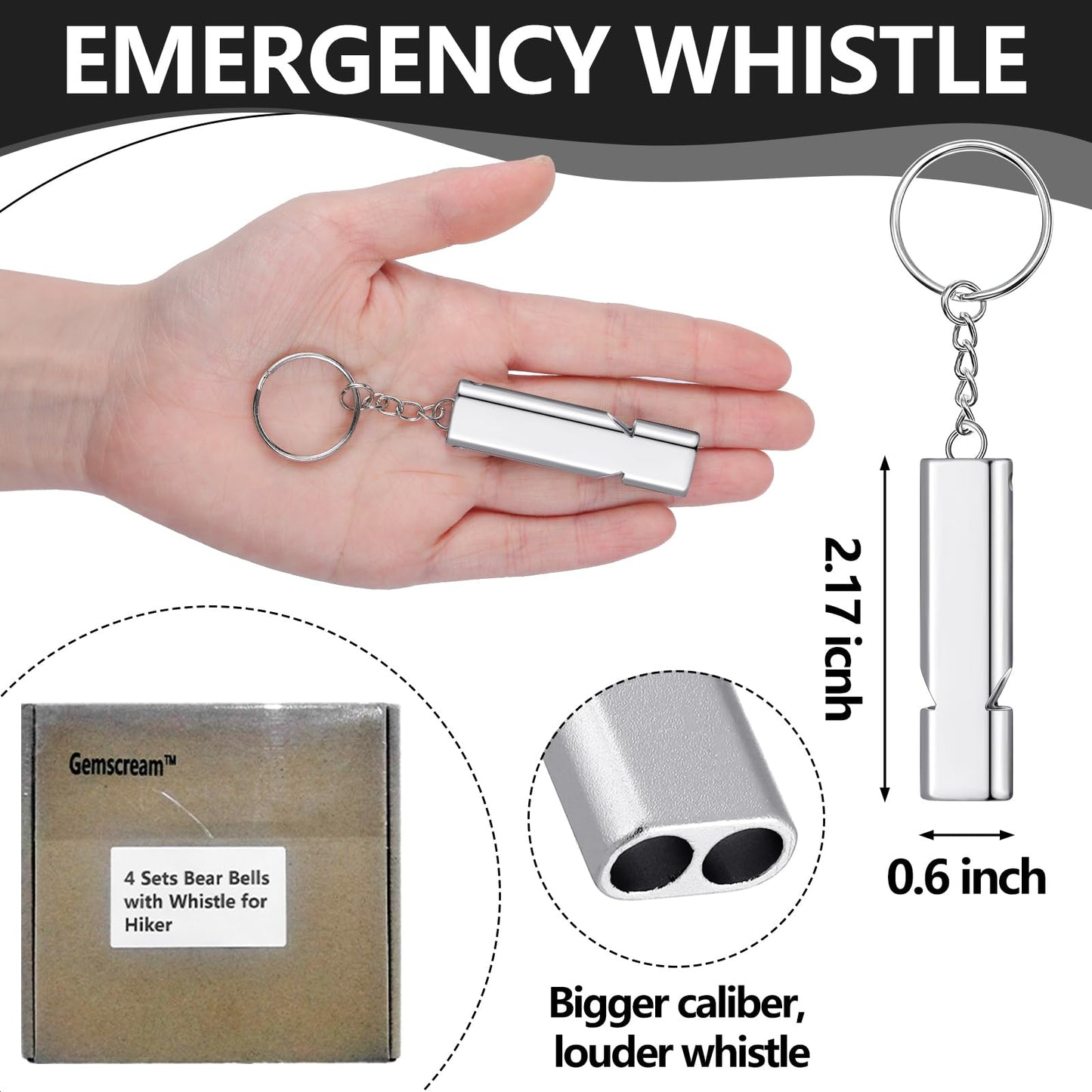 Gemscream 4 Sets Bear Bells with Whistle for Hiker, Loud Bear Bell with Magnetic Silencer and Emergency Whistle, Ideal for Hiking, Outdoor Camping, Survival, Biking, Fishing, Climbing