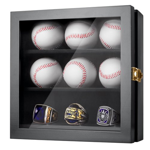 Baseball Display Case Championship Ring Display Case, Wooden Wall Cabinet with Lock for Collection Autographed Baseball Championship Ring, for Children