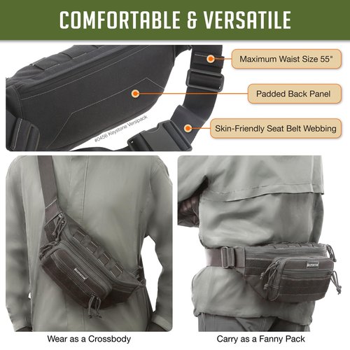 Maxpedition Keystone Versipack (14” x 6” x 6”) Tactical Crossbody Fanny Pack for Everyday Carry (Black) 0456B