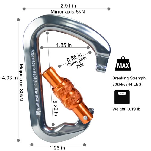 SEPEAK UIAA CE 30kN Locking Climbing Carabiner, Professional Heavy Duty Screwgate Clip for Outdoor Climbing, Mountaineering, Rappelling, Camping, Hiking, Swing,Large D Carabiner Hook/6744lb,4pc,Orange