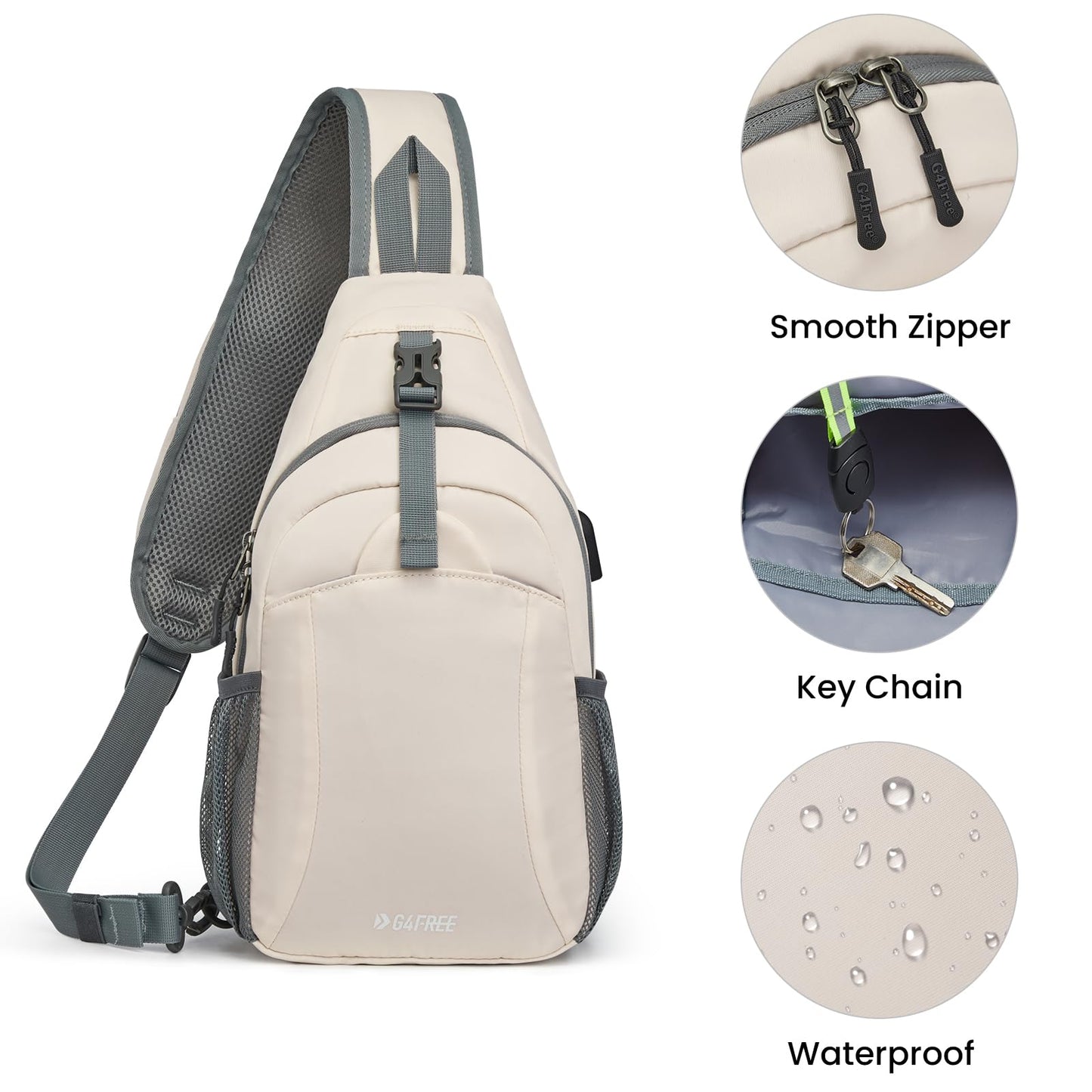 G4Free Sling Bag RFID Crossbody Sling Backpack with USB Charging Port, Travel Hiking Daypack Shoulder Chest Bag for Women Men(Ivory)