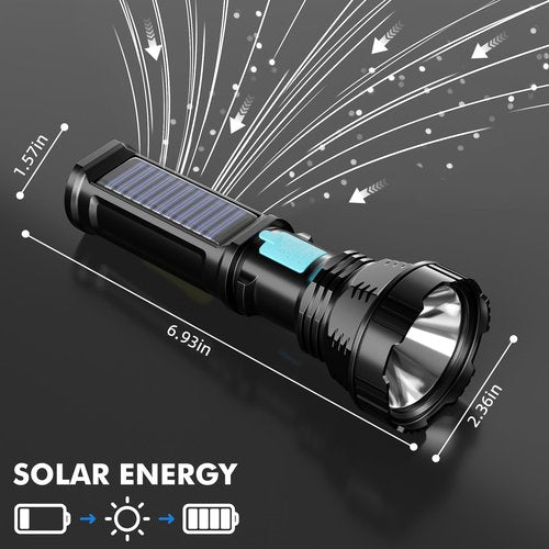 Rumiom Solar/Rechargeable LED Flashlights, Multi Function Flashlight with 2000 mAh Battery, Emergency Strobe Light, Waterproof, Fast USB Charging, Survival Gear and Supplies for Camping, 2 Pack
