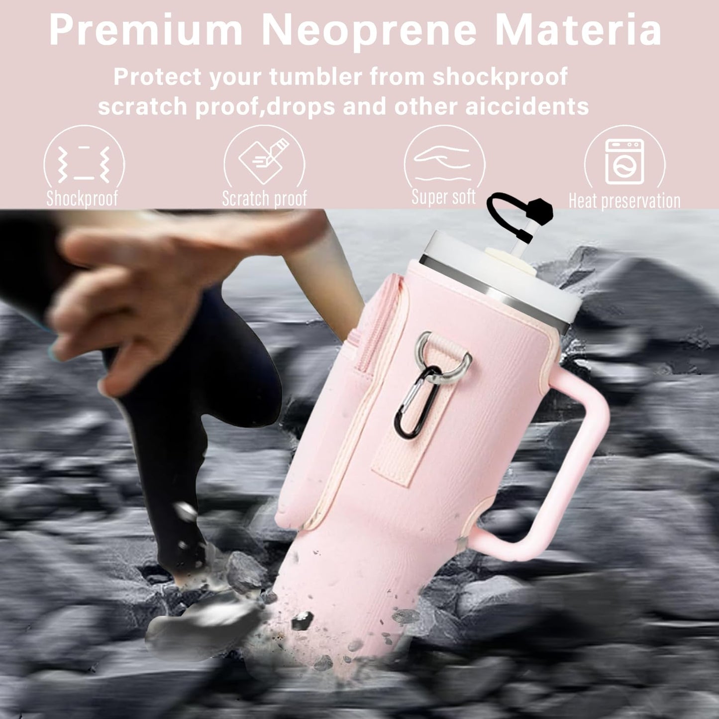 Adoryoung Cup Carrier Holder Bag with Stanley Strap, Metal Hook Loop, Stickers Cup Cover Tumbler Accessories for 40 oz Stanley, Water Bottle Pouch Holder Sling Crossbody Bag with Strap Walking (Pink)