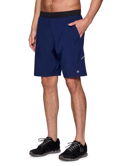RBX Activewear Workout Shorts for Men, Quick Drying Woven Running Basketball Shorts with Flat Waistband, 9" Inseam Navy/Black M