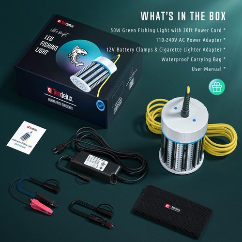 Tendelux Ultra-Bright Underwater Fishing Light, 110V & 12V Green LED Submersible Light Attractants for Docks, Boats or Kayaks, IP68 Rated for Fresh & Salt Water (30ft Cable)