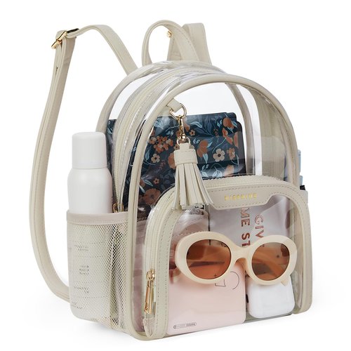 Missnine Small Clear Backpack Stadium Approved, Thick PVC Mini Clear Bag with Leather Trim for Sports Event, Concert, Festival, Khaki