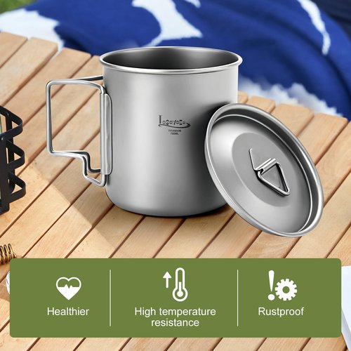 LSOSVSEU Titanium Pot with Lid, 750ML (25.4oz), Silver, Uncoated, Lightweight & Portable, Foldable Handles, Camping Cooking Pot, Includes Pot, Lid, Carry Bag