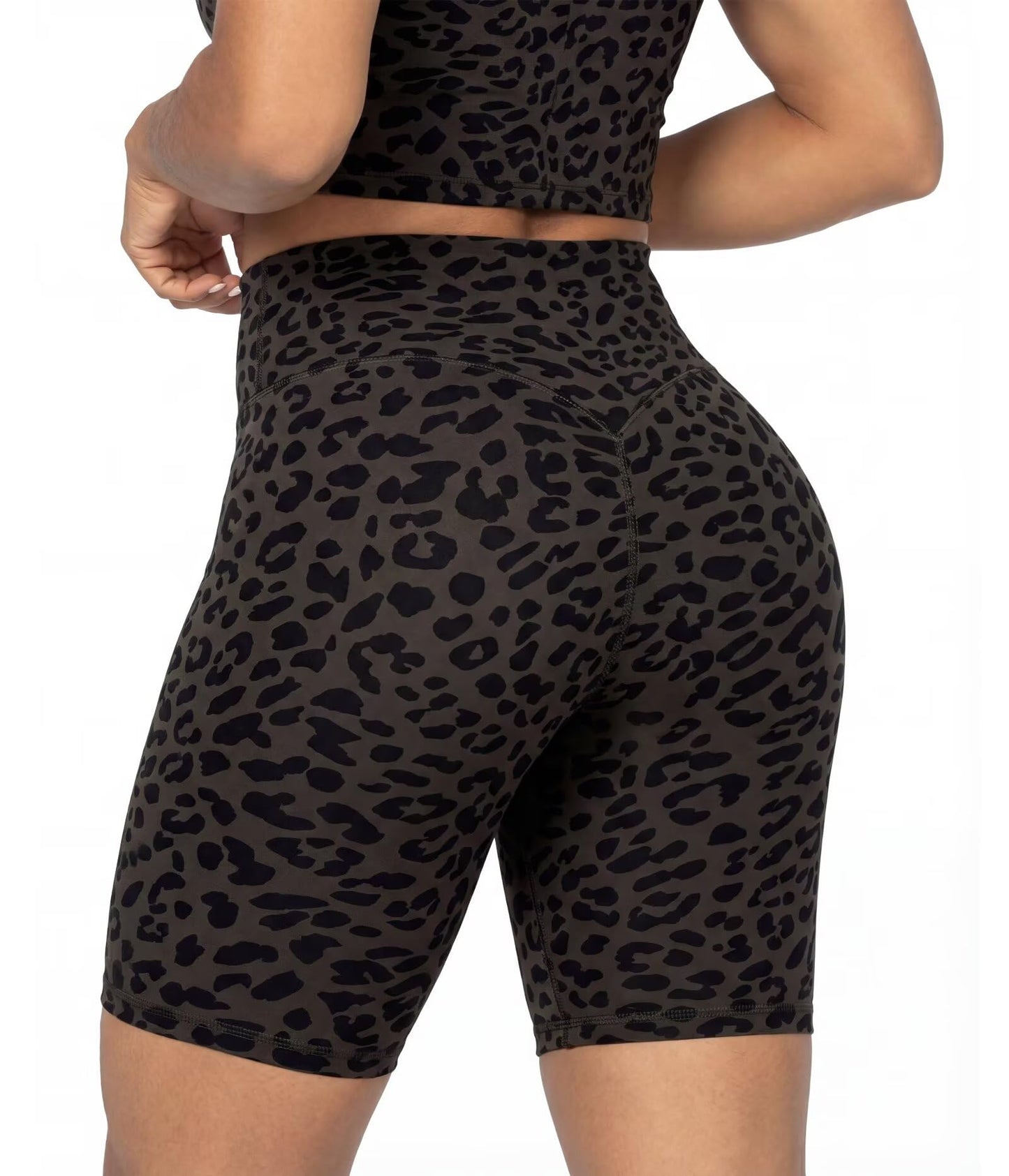 Sunzel 8" Waist Biker Shorts for Women No Front Seam Soft Yoga Workout Gym Bike Shorts Tummy Control Squat Proof Leopard Seal Brown X-Small