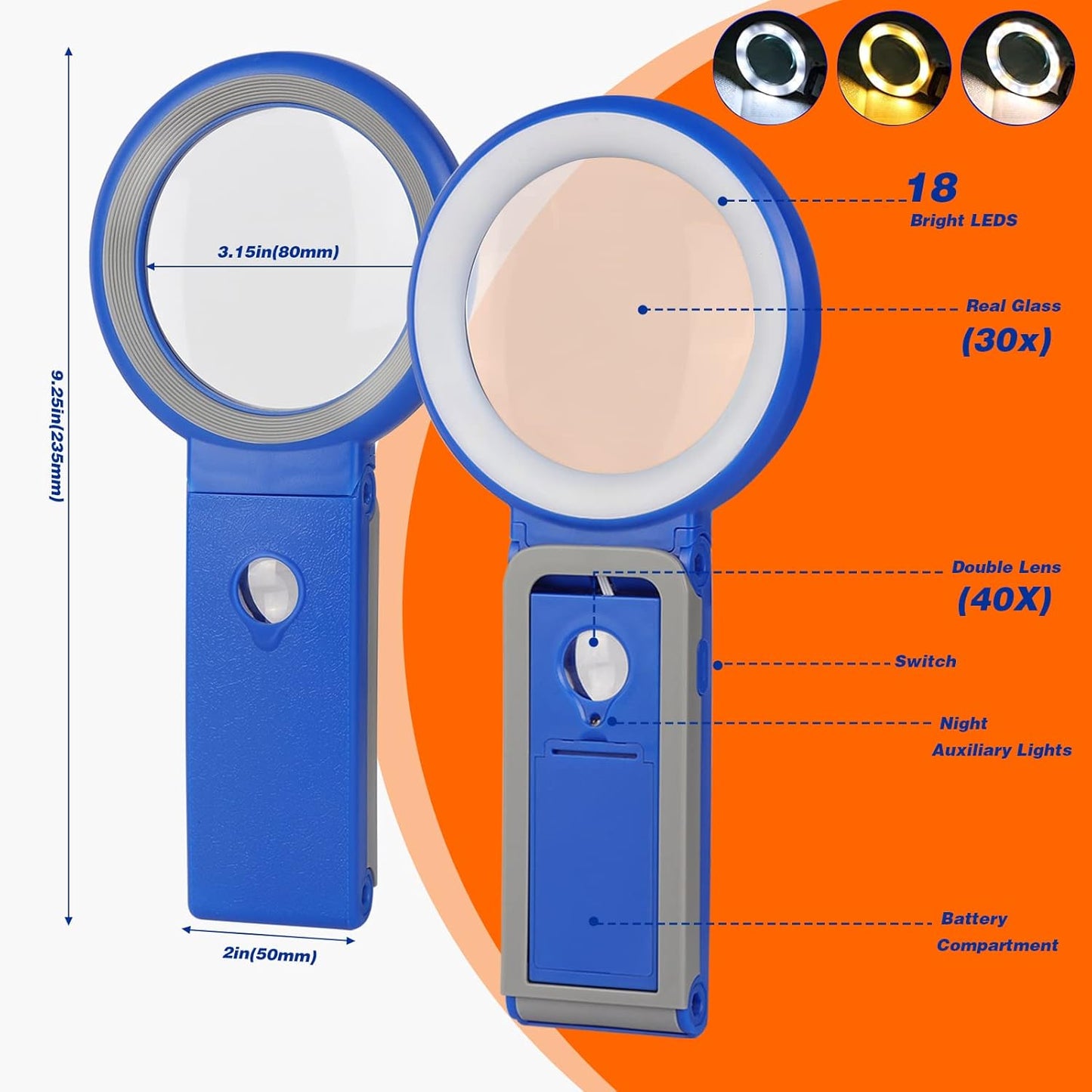 30X 10X Magnifying Glass with Light and Stand, Foldable Handheld Magnifying Glass 18 LED Illuminated Lighted Magnifier for Macular Degeneration, Seniors Reading, Close Work, Coins, Jewelry