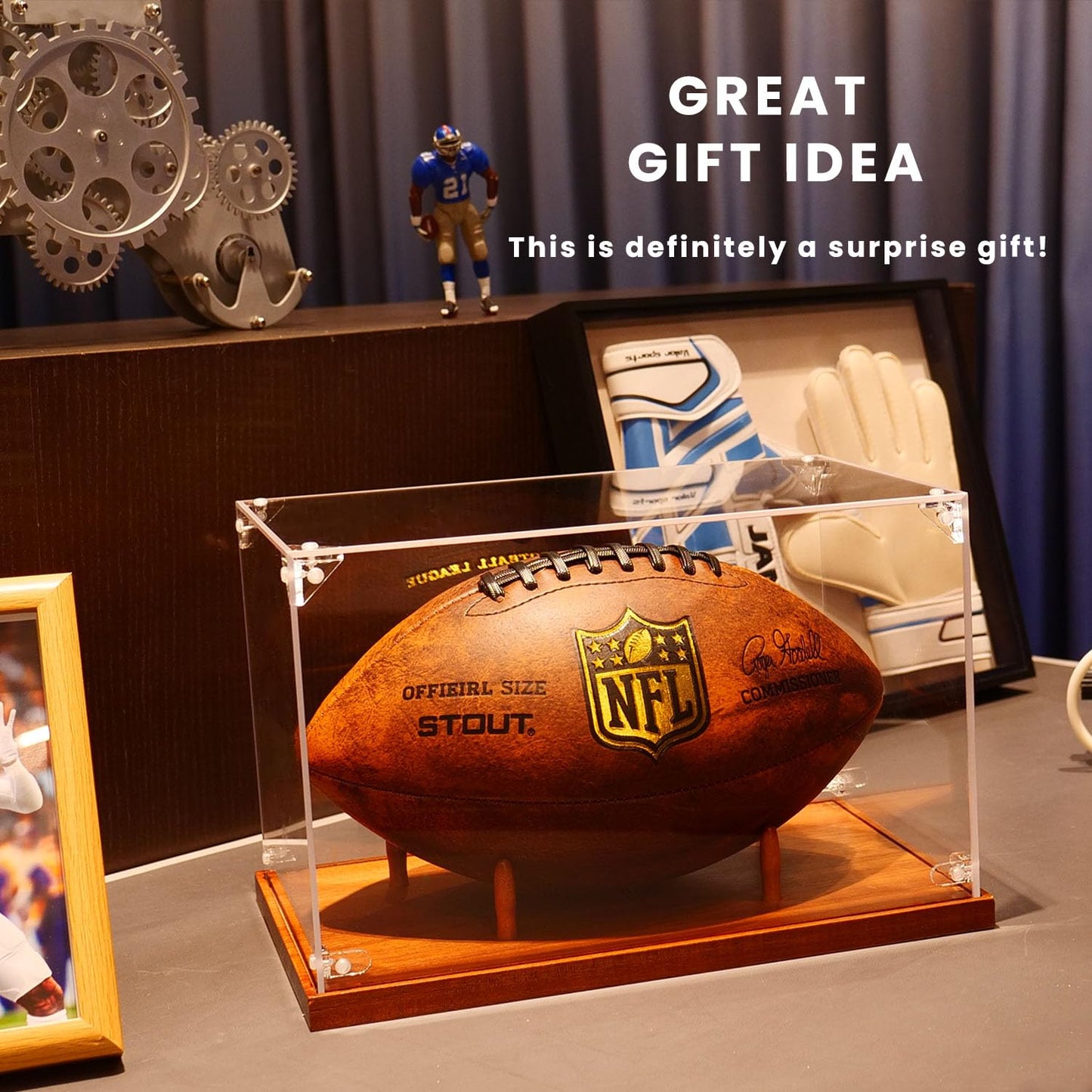 Football Display Case, Clear Acrylic Box with Wood Stand, Full Size Football Cases for Memorabilia & Signed , UV Protection, Dust Proof, Walnut