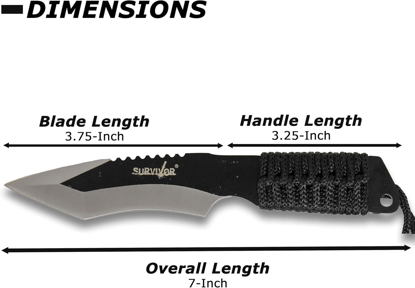 Survivor HK-759 Fixed Blade Knife, Two-Tone Tanto Blade, Black Cord-Wrapped Handle, 7-Inch Overall