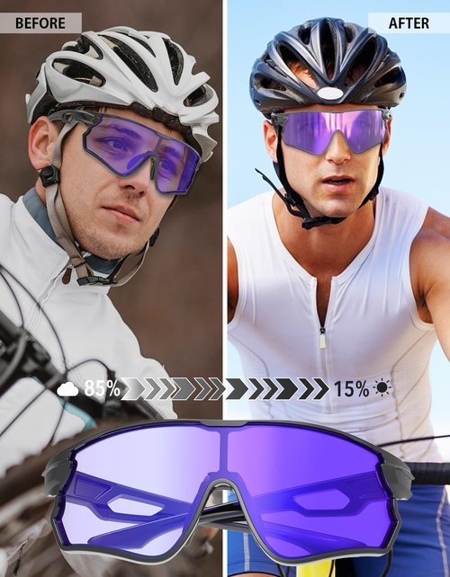 BEACOOL photochromic sunglasses sport (Black-photochromic Purple)