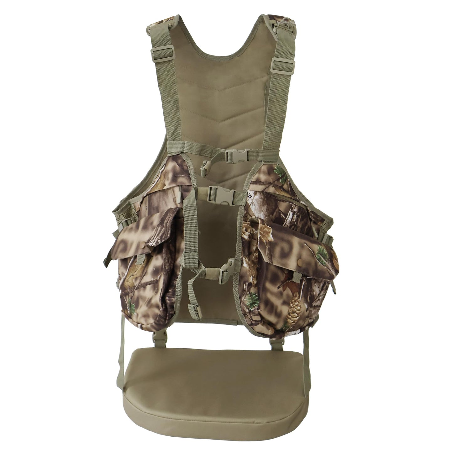 AUSCAMOTEK Camouflage Hunting Vest with Detachable Seat Cushion for Turkey Dove and Upland Bird Hunting - Woodland Autumn