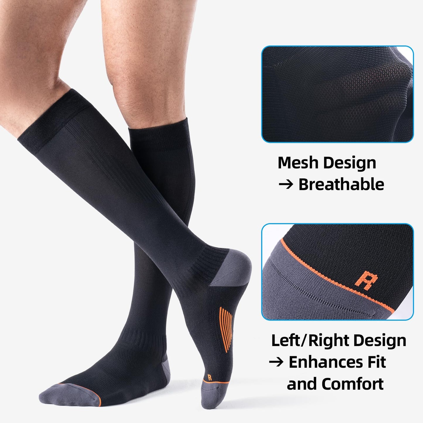 3 Pairs Easy On/Off Compression Socks - 15-20 mmHg Moderate Support Socks with Cushioned Sole and Seamless Toe