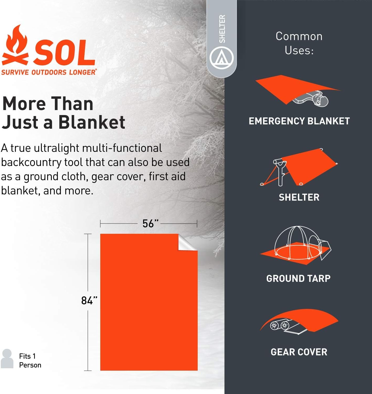 S.O.L. Survive Outdoors Longer Emergency Blanket, Model Number: BMC0140-1222