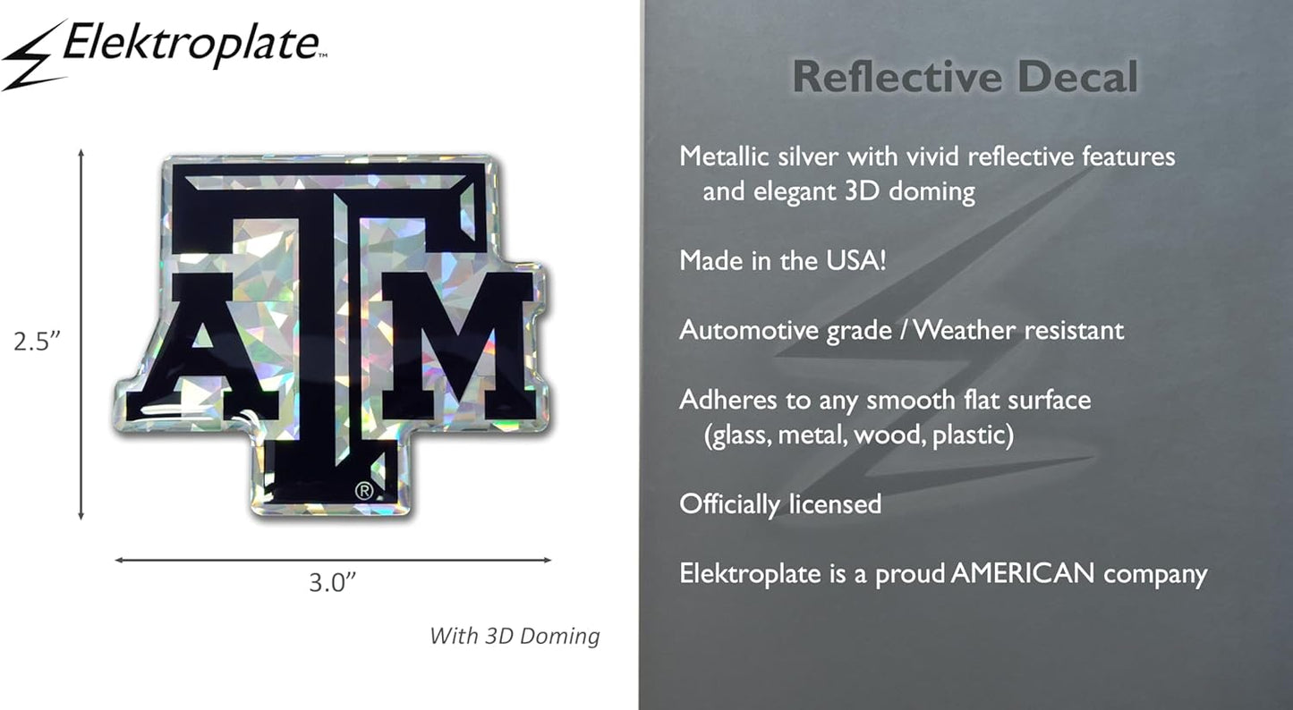 Elektroplate Officially Licensed Texas A&M University Silver Reflective Decal | Premium 3D Domed All Weather Vinyl Sticker for Car, Water Bottle, Device, Cooler, Toolbox & More | Made in The USA