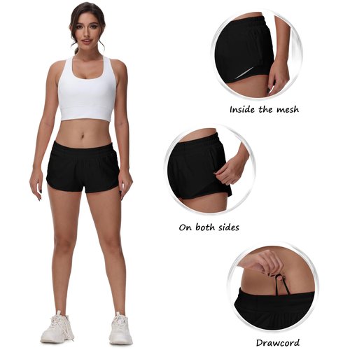 MCEDAR Women's Running Shorts Low Waisted 2.5"，Lightweight Active Workout Quick Dry Gym Athletic Sports Shorts Zip Pocket Black,6/S