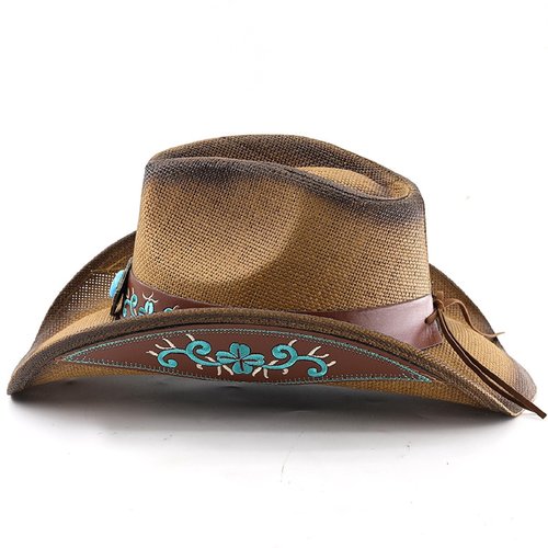 LIDHAY Men & Women's Woven Straw Cowboy Cowgirl Hat New Western Style Classic Cowboy Straw Hat Wide Brim Sun Hat R29 Brown