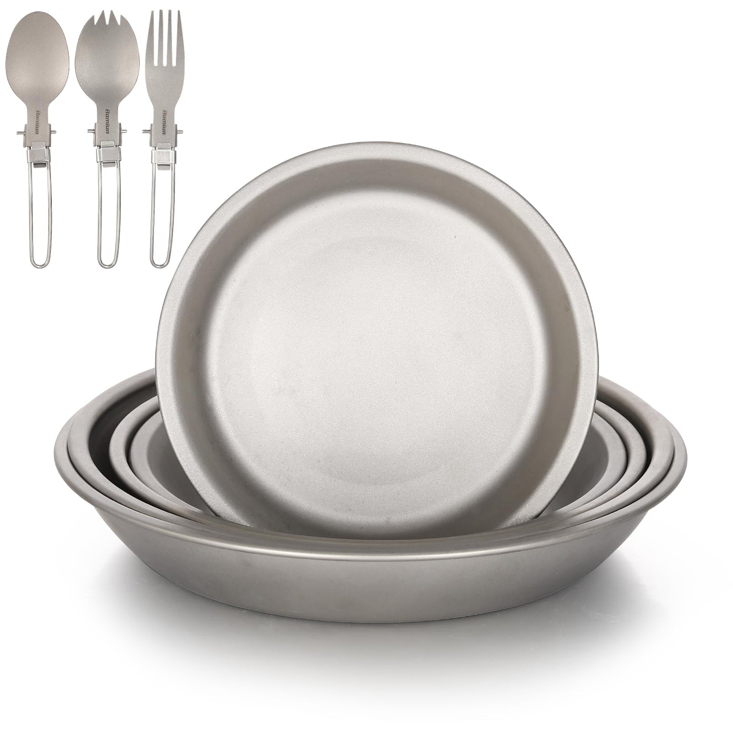Aomiun Titanium Camping Plate Set of 8, Ultralight Durable Titanium Dish Plate with Folding Forks Spoons, Portable Round Dinner Plates Outdoor Camping Pan Tableware Utensils for BBQ Hiking Picnic