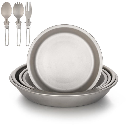 Aomiun Titanium Camping Plate Set of 8, Ultralight Durable Titanium Dish Plate with Folding Forks Spoons, Portable Round Dinner Plates Outdoor Camping Pan Tableware Utensils for BBQ Hiking Picnic