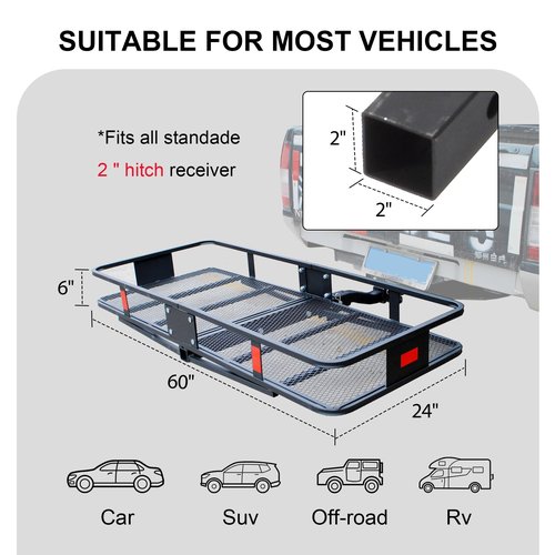 Rockland Steel Folding Hitch Mount Cargo Carrier, 60" x 24" x 6", 500 LBS Capacity, Heavy Duty Trailer Hitch Cargo Carrier, Foldable Hitch Rack Basket, Fits 2" Receiver for Cars SUVs Vans Trailers