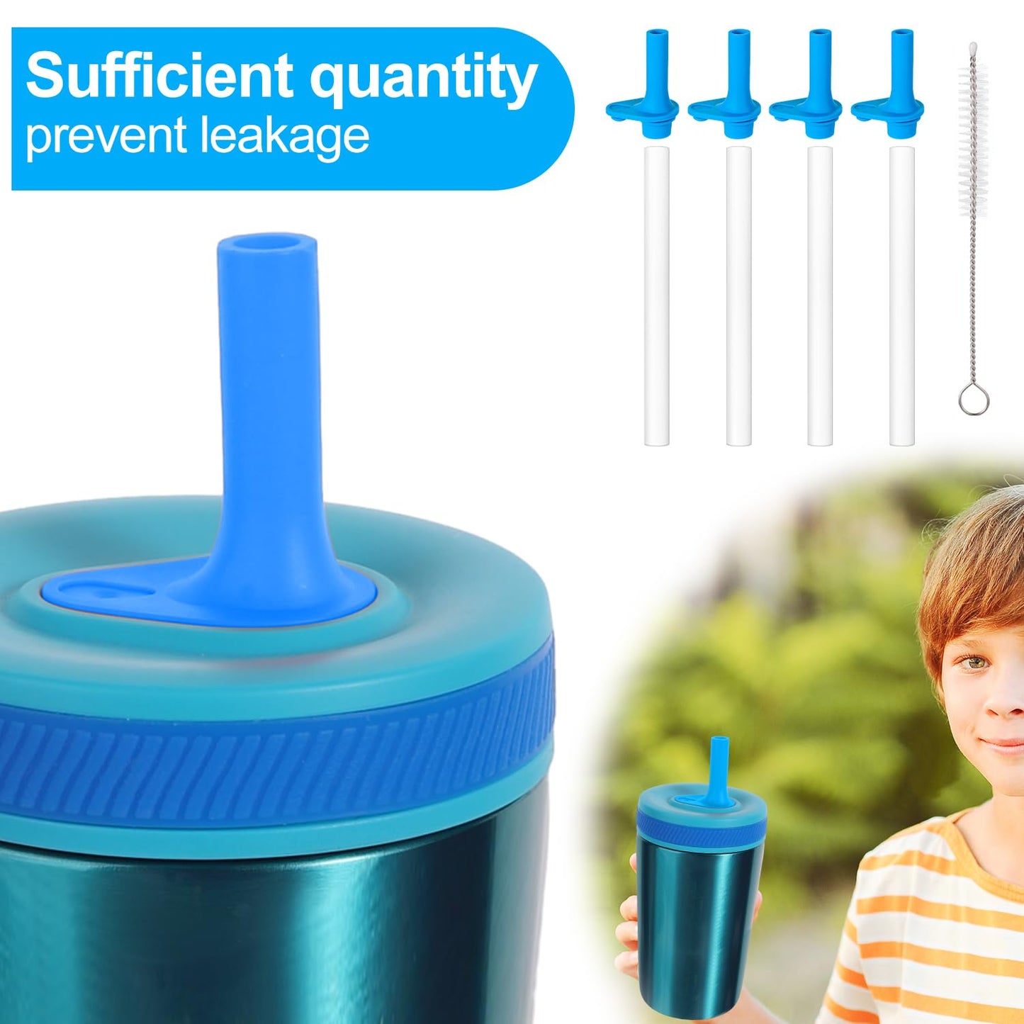 4pcs Replacement Straws with Bite Valve for Zak Designs Kelso 15 oz, with 1 Cleaning Brush Reusable Kids Cup Replacement Straws Accessory for Zak, BPA-Free (Blue)