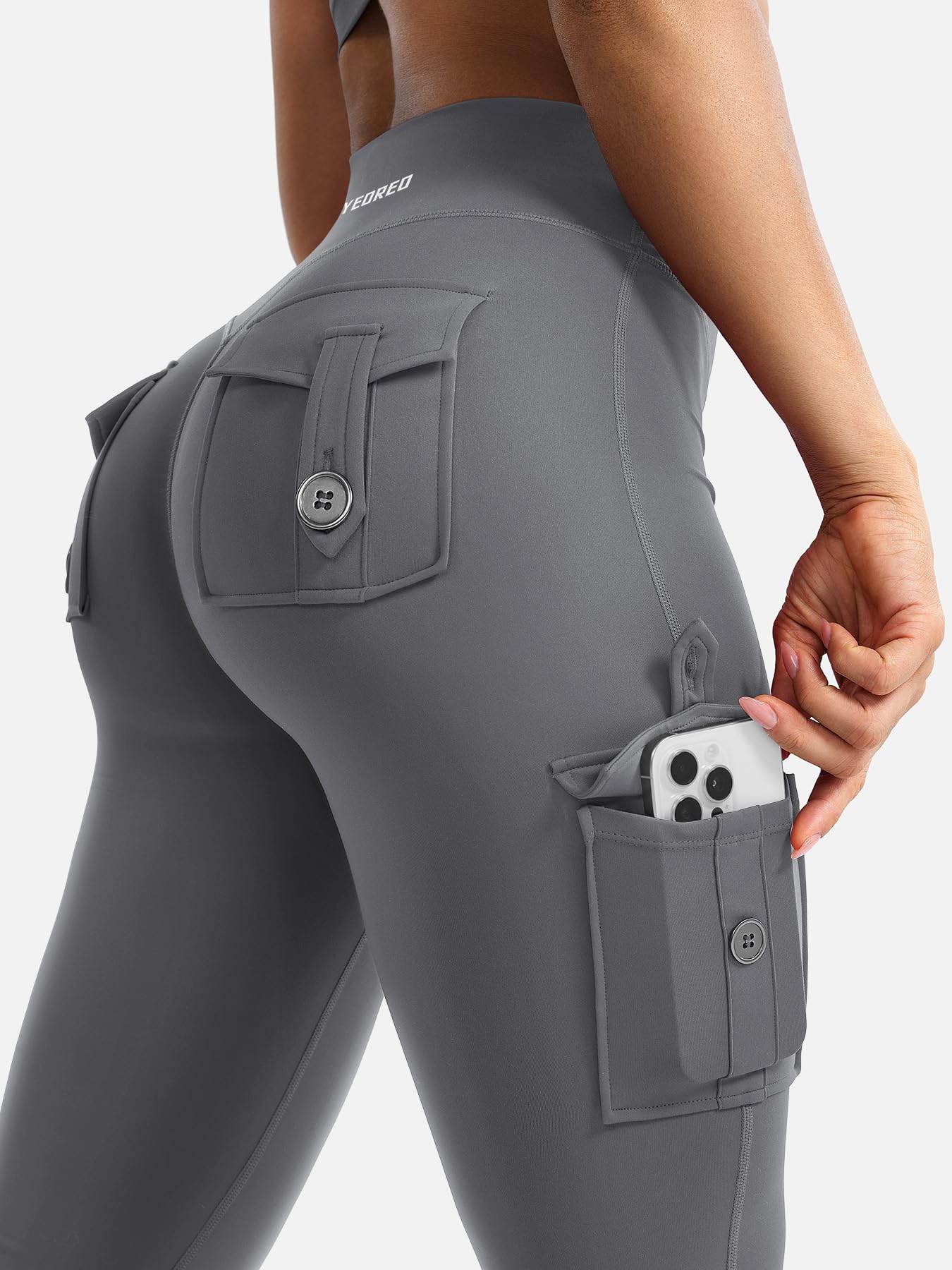 YEOREO CoreFlex Women Workout Flare Leggings with Pockets Hidden Scrunch Cargo Gym Yoga No Front Seam Leggings Lara Smoke M