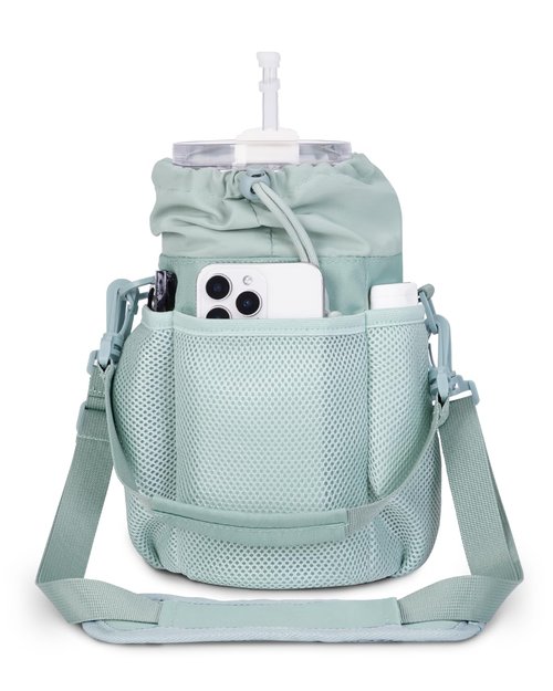 ECOHUB Water Bottle Holder with Strap, Full Coverage Stanley Cup 40/30 oz Tumbler, Insulated Water Bottle Carrier Bag with Back Safety Pocket, Crossbody Sling with Handle for Walking, Green