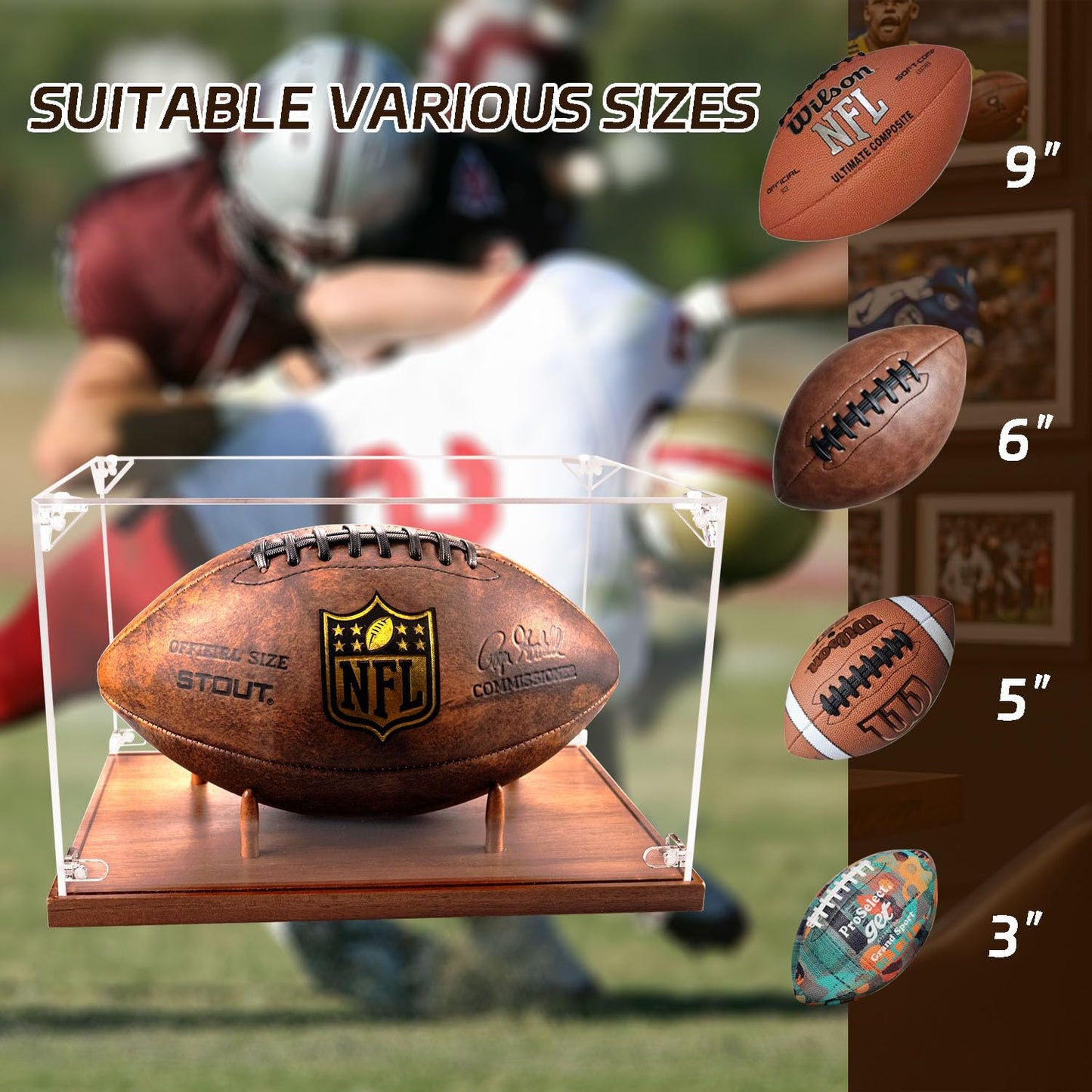 Football Display Case, Clear Acrylic Box with Wood Stand, Full Size Football Cases for Memorabilia & Signed , UV Protection, Dust Proof, Walnut