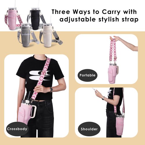 Viva Terry Water Bottle Carrier Bag with Phone and Cards Pockets 40/30oz Tumblers Water Bottle Holder with Adjustable Strap - Ideal Fit for Stanley Cup(Pink)