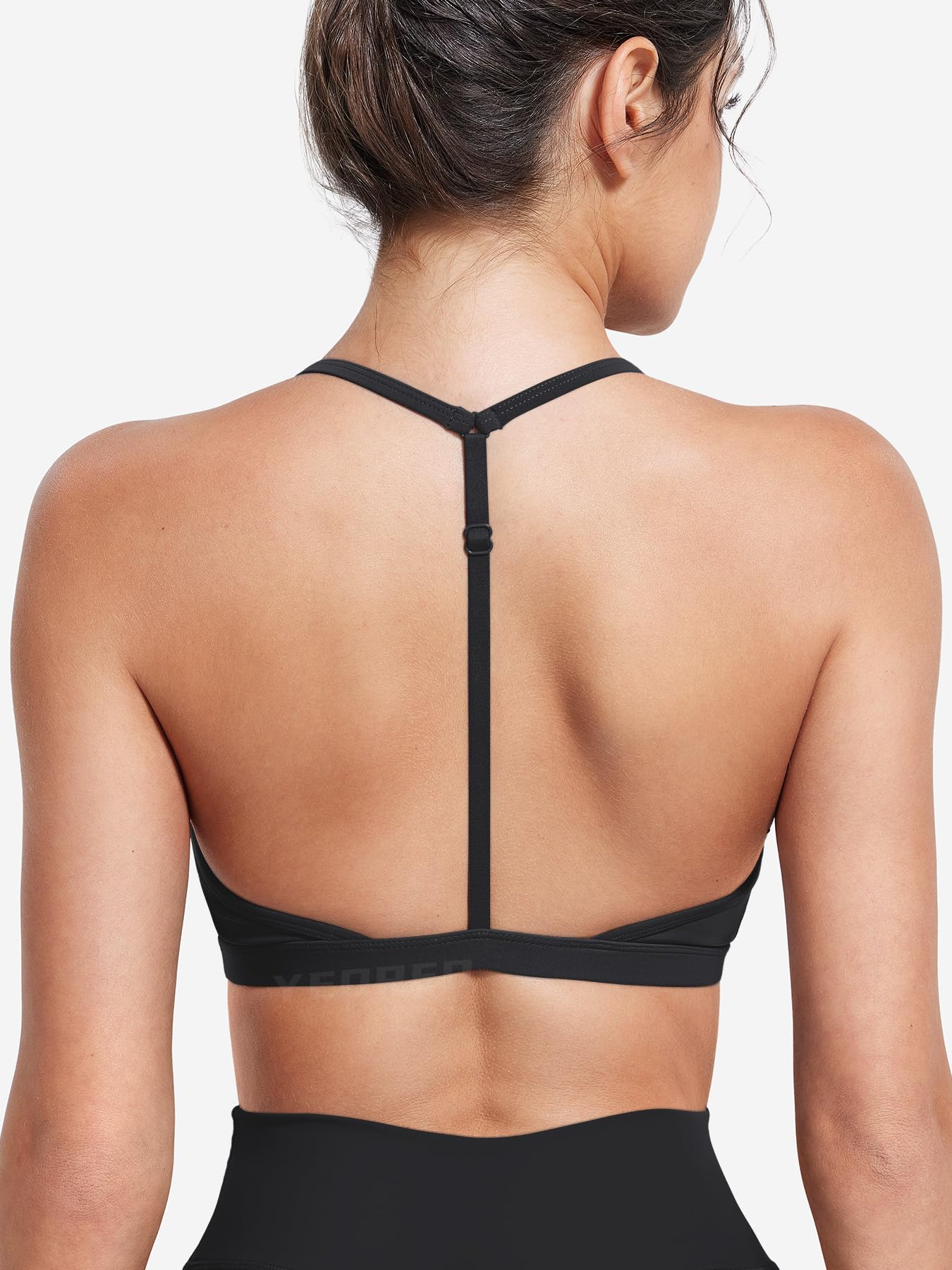 YEOREO CoreFlex Sports Bras for Women Strappy Padded Halter Open Back Light Impact Deep V Neck Yoga Workout Gym Tops Black S