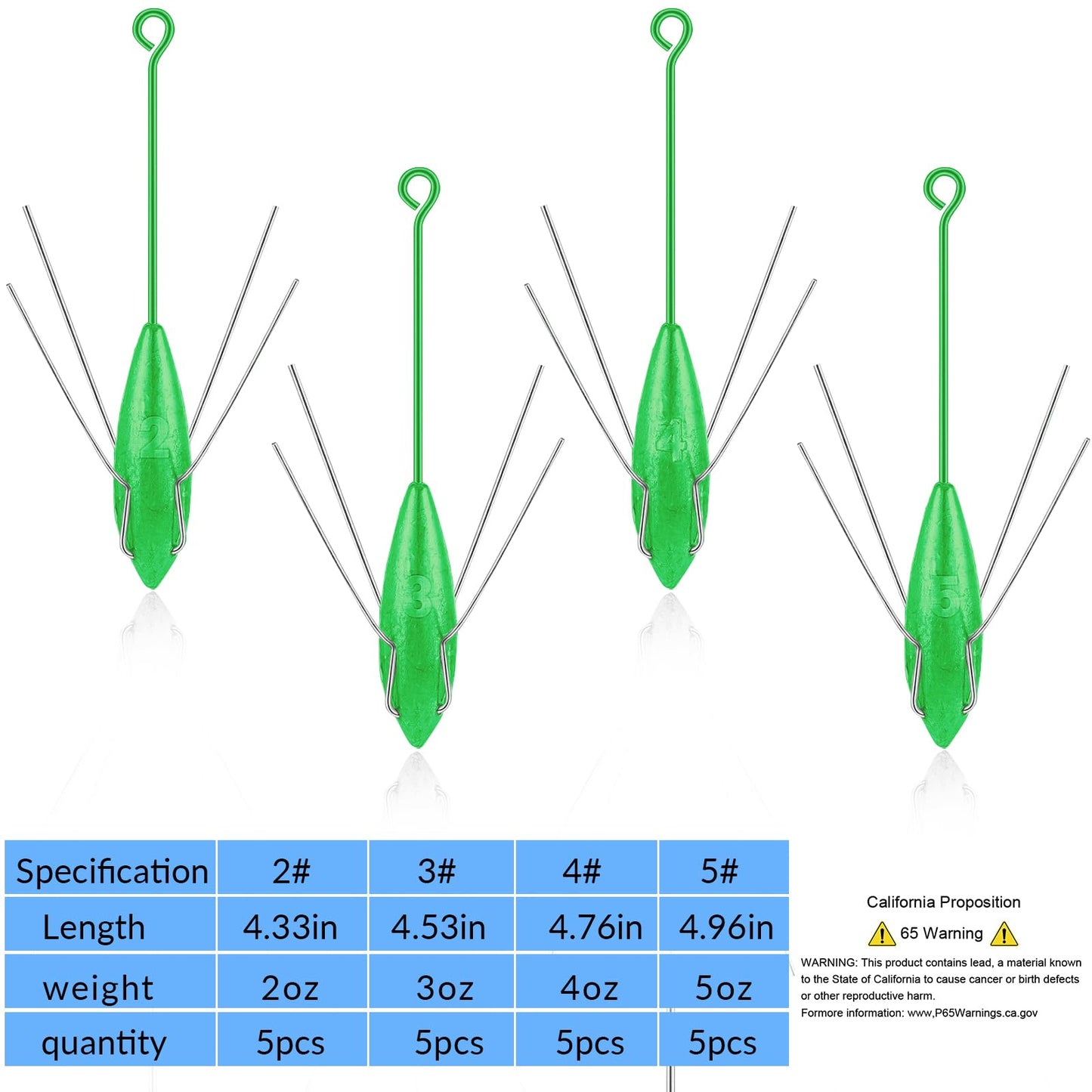 5 Pcs Sputnik Sinkers Surf Fishing Weight, Heavy-Duty Long Tail Fishing Weights Saltwater Surf Casting Sinkers,Fishing Weights Sinkers Spider Weights Surf Casting Sinkers（Green-2oz）