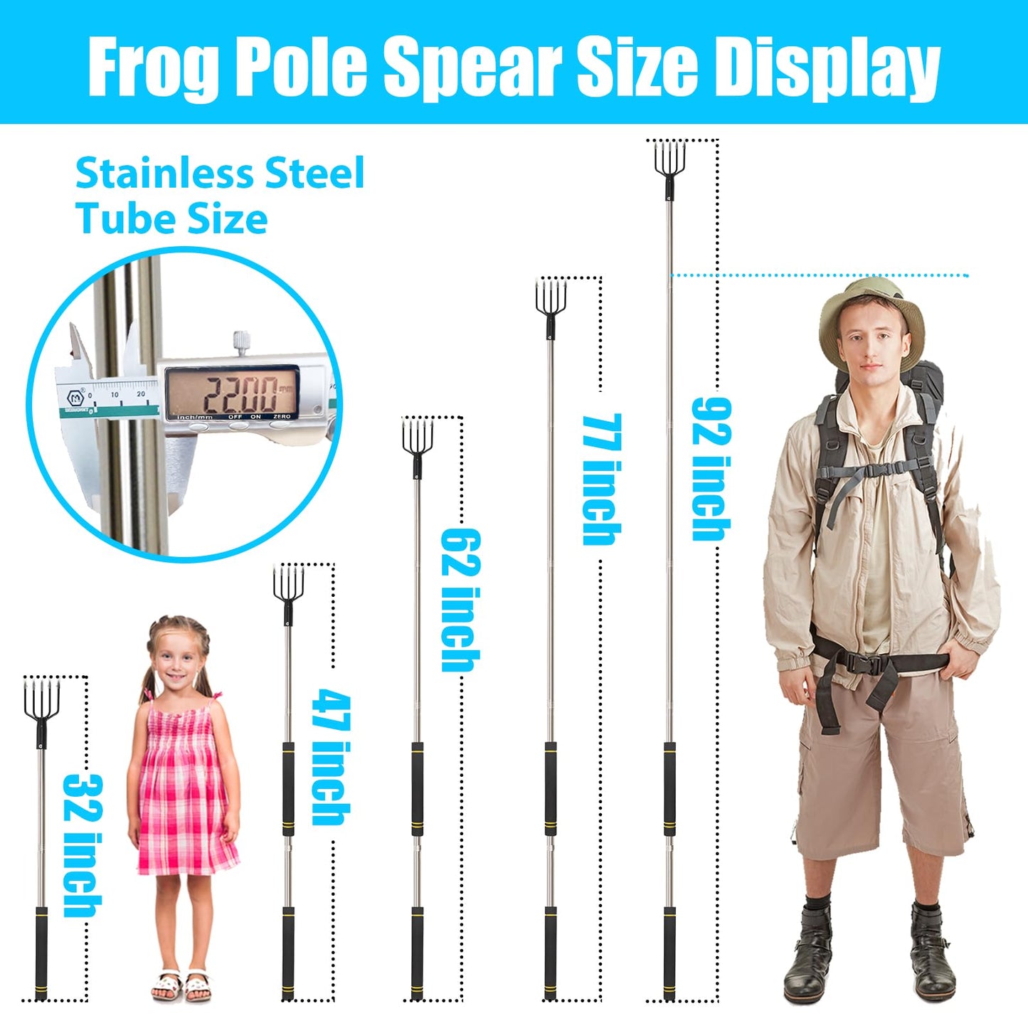Frebuta Frog Gigging Pole,2 to 6Ft Fishing Gig Gaff with Barbed 5-Prong Harpoon Stainless Steels Flounder Gig Extension Pole Long Handle with Spong Handle Hunting Bullfrog Spears Fish Hook Sturdy