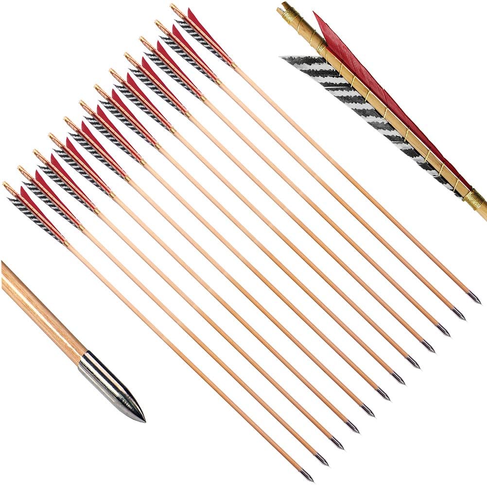 Archery Wooden English Longbow Arrows Practice Targeting Arrow 5.8" Turkey Feathers Fletching with Bullet Points for Recurve & Traditional Bow