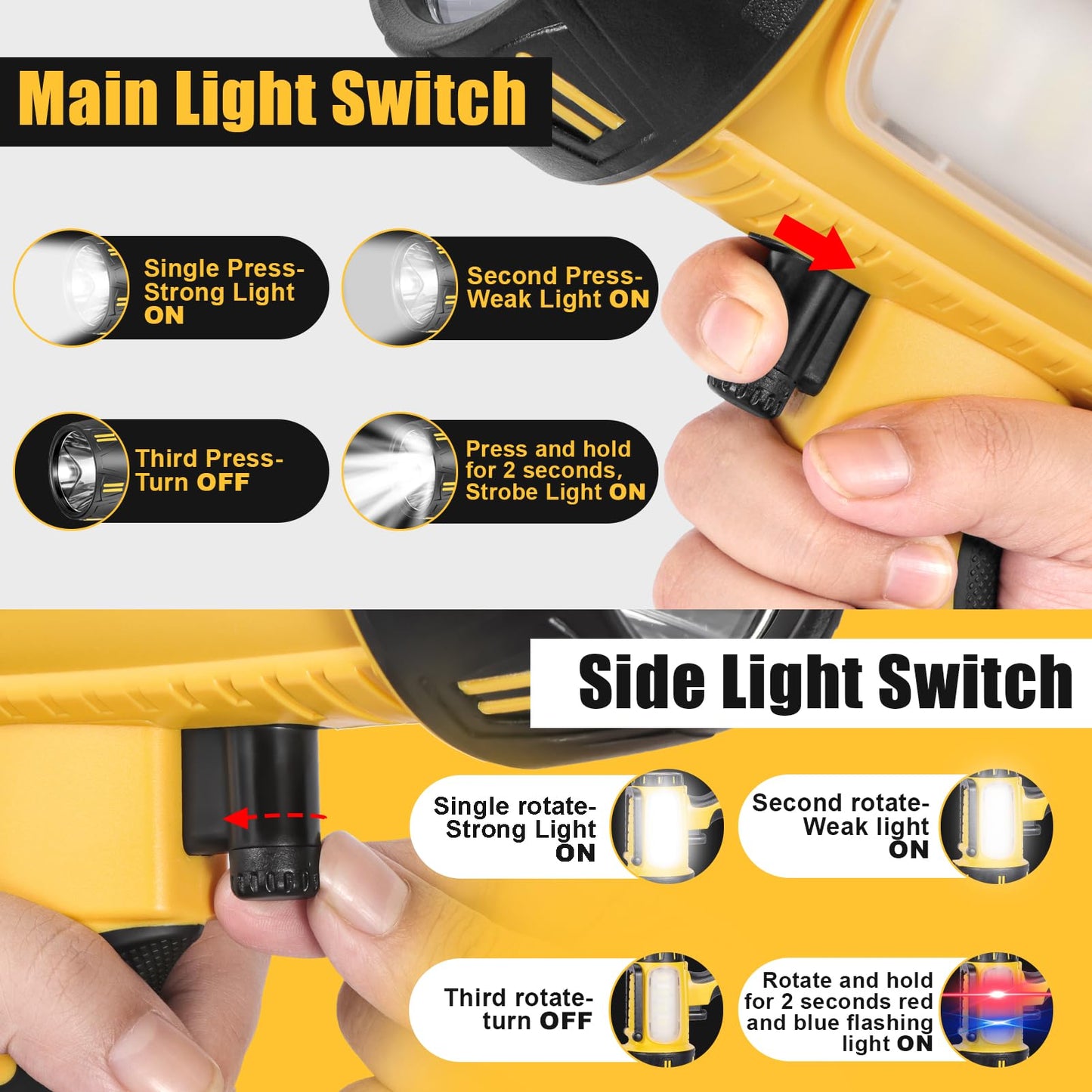 WEILAI Super Bright Rechargeable Spotlight Handheld Rechargeable LED Flashlight Tactical Searchlight with USB Output 6 Light Modes Camping Light (Yellow)