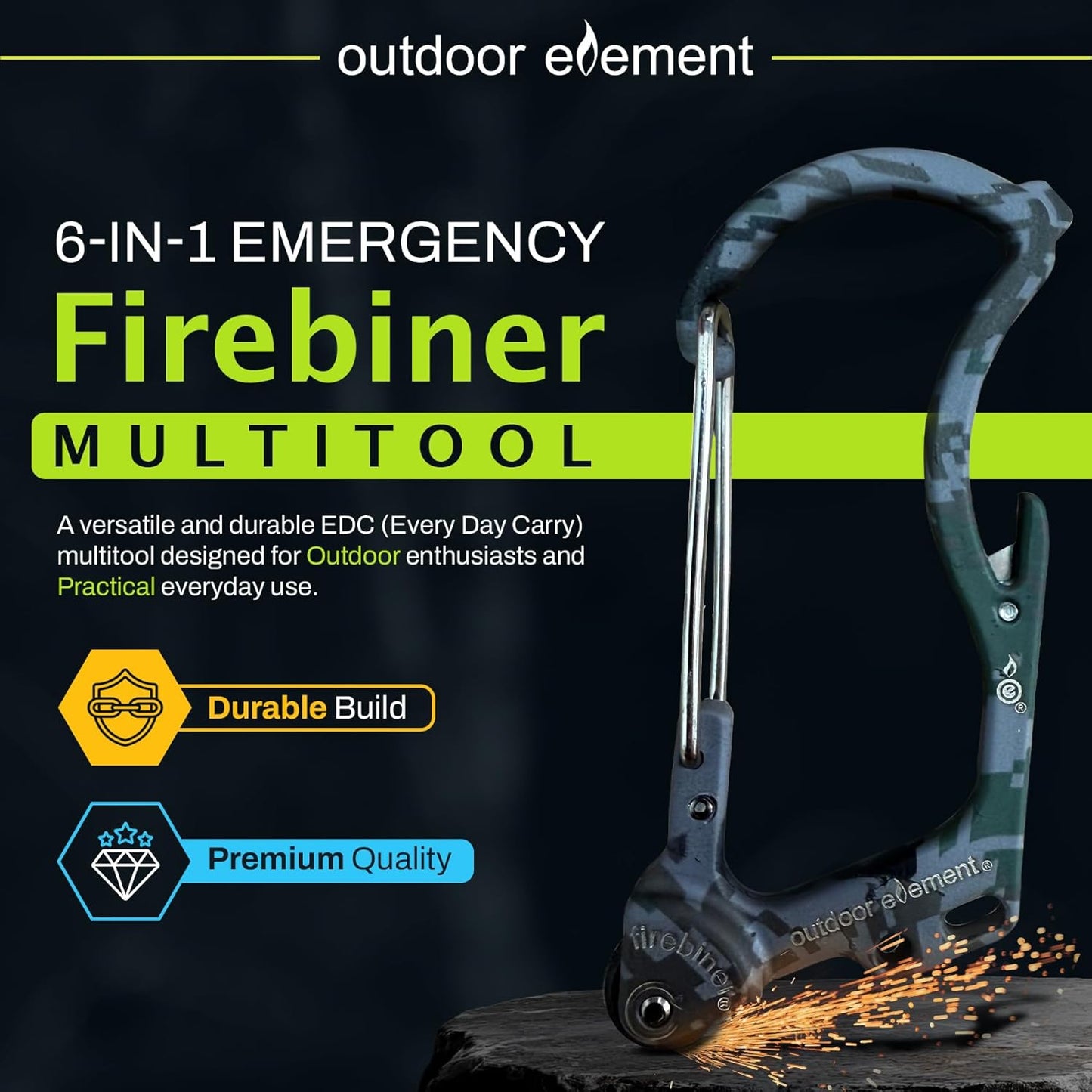 Firebiner 6-in-1 Fire-Starting Carabiner EDC Emergency Multitool -Keychain,Utility Blade,Bottle Opener,& More