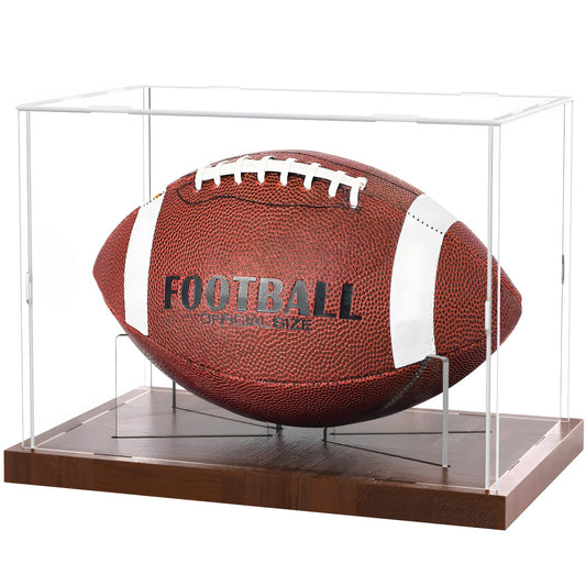 Fitense Football Display Case Acrylic Clear, Football Stand Holder Full Size with Solid Wood Base, UV Protected Football Display Box with Removable for Football Fans & Collectors, Memorabilia & Gift