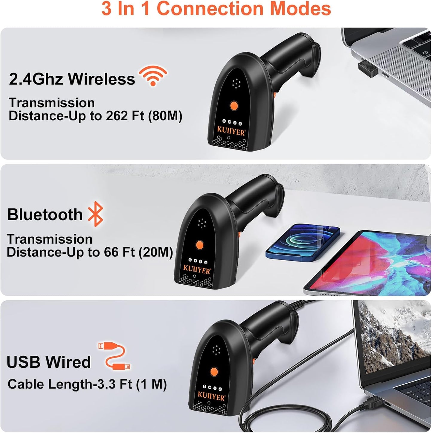 KUIIYER Bluetooth Barcode Scanner, Wireless 2D QR 1D Bar Code Scanners with LED Lights Display & AI Voice, Plug & Play Handheld Barcode Reader for iPhone, Android, iPad, Tablet, PC Computers & POS