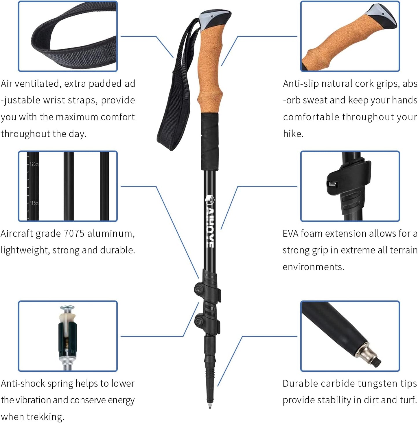 Aihoye Trekking Hiking Poles - 2 Pack Adjustable Walking Sticks, Collapsible Lightweight Aluminum 7075, Hiking Sticks with Quick Flip-Lock and Comfortable Cork Grips