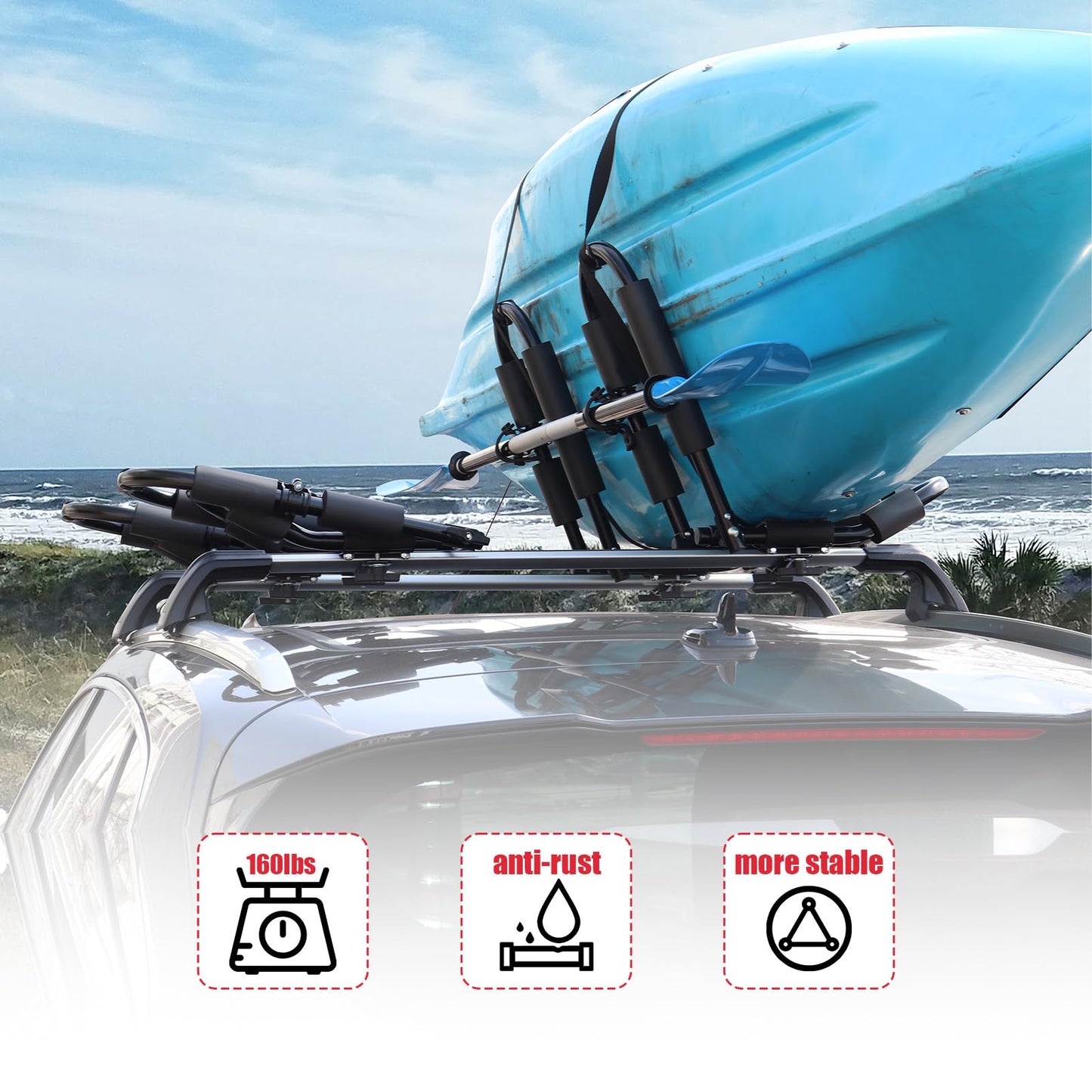 FORWODE Premium Kayak Roof Rack, 2 Pair J-Bar Roof Rack, Folding Adjustable Rack, Heavy Duty Kayak Roof Carrier 2 Kayak, Canoe, SUV, Surfboard on SUV, Car and Truck Crossbar (4 pcs)