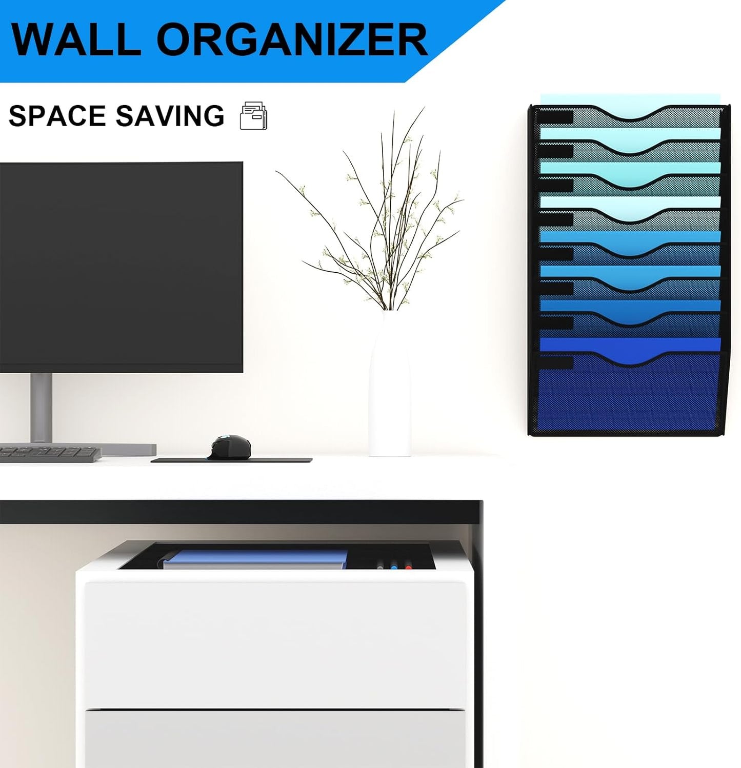 5 Pockets Mesh Hanging Wall File Holder Organizer Wall Mounted Paper Magazine Rack, Black