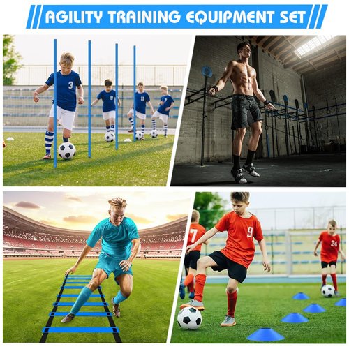 HOTOOLME Soccer Agility Training Poles Set - Includes 6 Agility Poles, 20ft Agility Ladder, 10 Soccer Cones, Jump Rope for Speed Training, Soccer Training, Basketball Athletes
