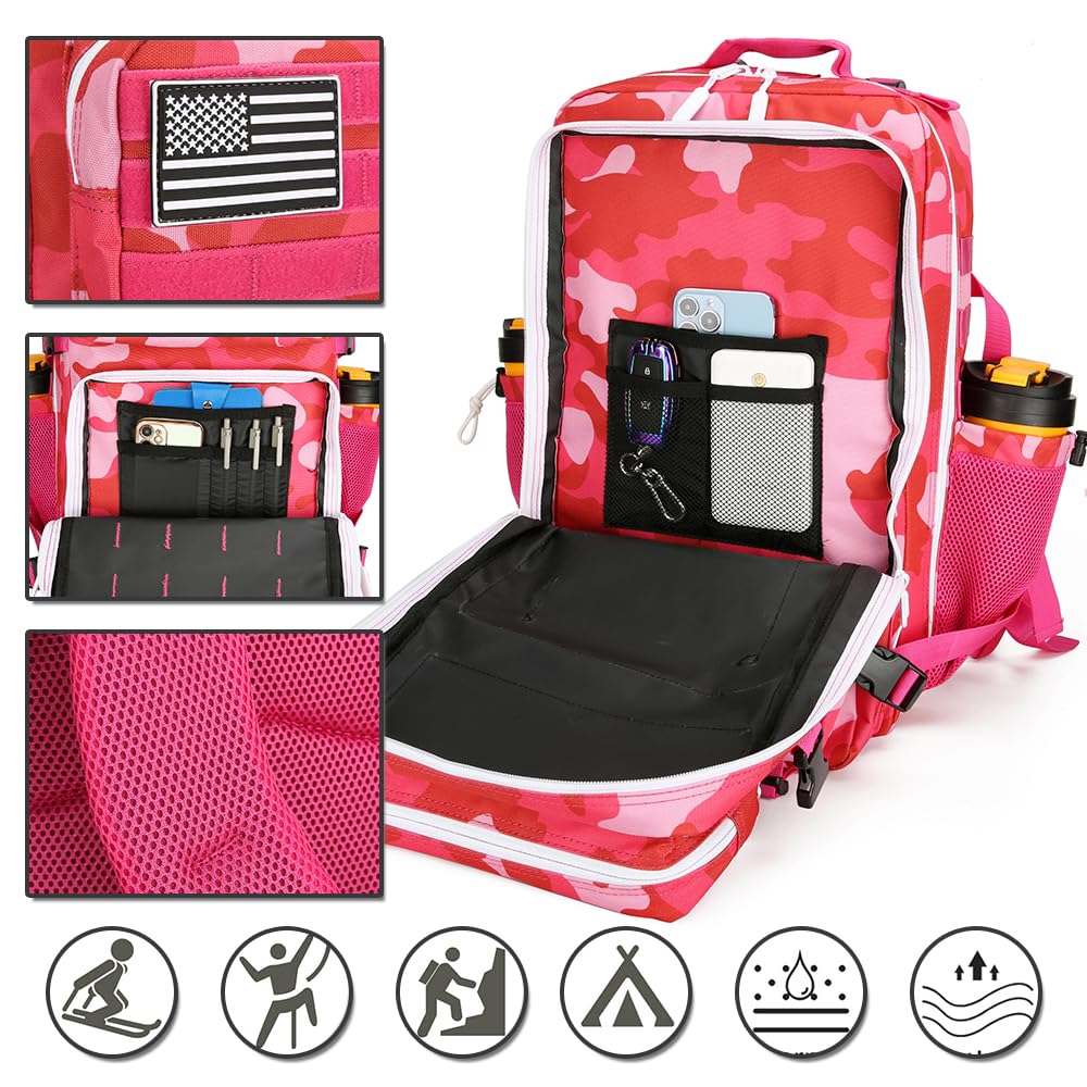 HongXingHai 45L Military Tactical Backpacks 3 Days Assault Pack Bag Fitness Rucksack Bug Out Bag Hiking Treeking (Rose Red CP)