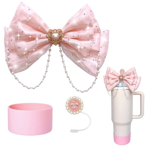 Romukuku Bling Stanley Bow Straw Topper, Pearl Bow Lid Stanley Cup Accessories,Cute Straw Cover Cap, Silicone Boot Protector 3 PCS Sets for Tumbler Accessories (Pink)