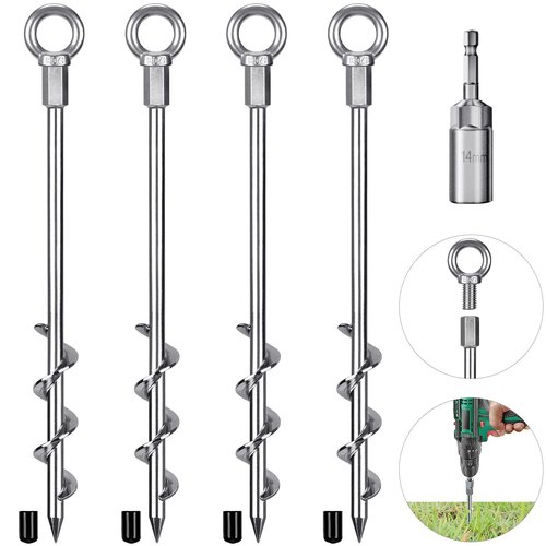 Lifeswell 4 Pack Tent Stakes, 12 Inch Heavy Duty Ground Anchors, Fully Welded Spiral Earth Anchors for Camping Tents, Trampolines, Sheds, Swing Sets, Securing Animals