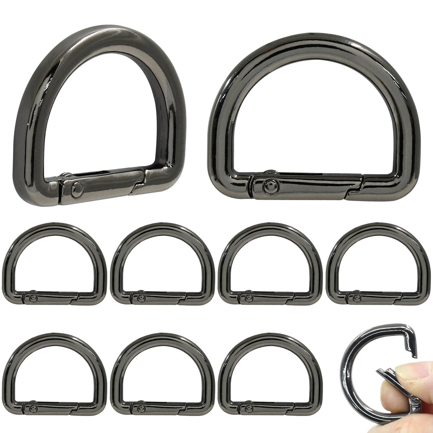 Jiozermi 10 Pack Black Metal Spring D Rings Keychain, Small D Ring Carabiner Clips Mini Keychain Spring D Rings Hook for Key Purse Dog Tag Clip Backpack Clips Webbing Buckle(1 Inch)