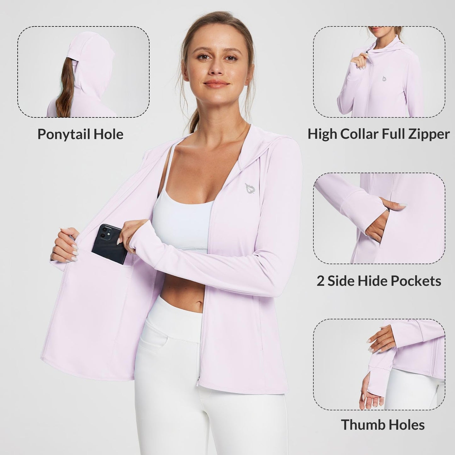 baleaf Women's UPF 50+ Sun Protection Jacket Lightweight UV Long Sleeve Hoodie for Hiking Outdoor Travel Fishing Pastel Purple M