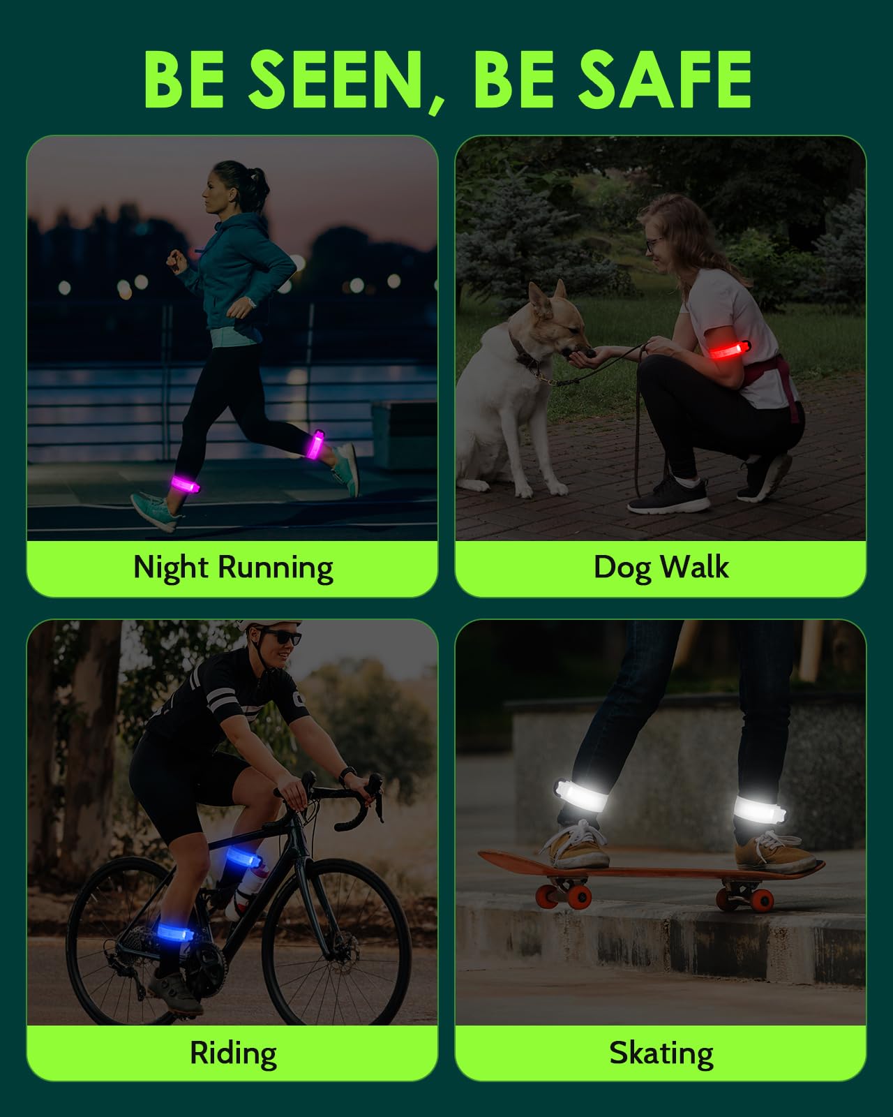Fitense LED Reflective Belt Sash with Phone Holder with Rechargeable LED Armband 2-Pack, High Visibility Reflective Running Gear for Night Safety, 5 Colors & 3 Modes Light Up Armbands for Night Walkin